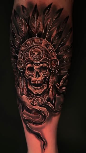 Calavera guerrero azteca, tatuador Alexander Terrero Sánchez · Tallahassee