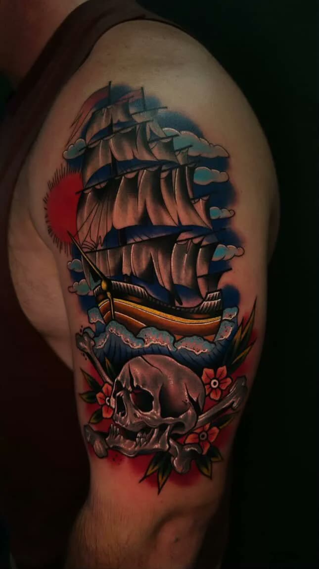Barco y calavera, full color, tatuador Alexander Terrero Sánchez · Tallahassee